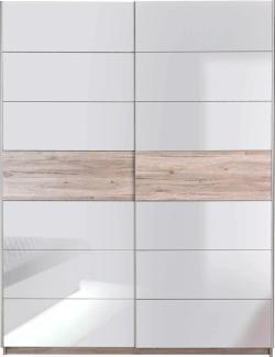 Schwebetürenschrank Rubio 8 Sandeiche weiß Hochglanz 170x210x61 cm ohne Kranz, mit Dämpfungsbeschlägen