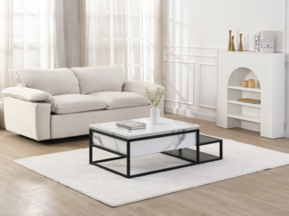 Vente-unique - Couchtisch höhenverstellbar - MDF & Metall - Marmor-Optik Weiß & Schwarz - LUTESA