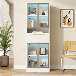Merax 180cm Hochschrank Vitrine mit 16-Farb-LED & Bluetooth, mit Glasfront & Schublade – Stauraum & Beleuchtung, Weiß