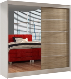 Schwebetürenschrank Basti III 200 cm mit Spiegel - Kleiderschrank, Schiebetürenschrank mit Kleiderstange und Einlegeboden, Schlafzimmerschrank, Schiebetüren, 200x215x58 cm (Weiß/Sonoma)