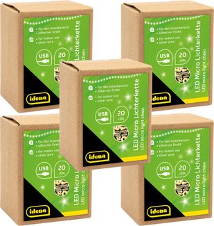 Idena 30256-5 - LED Micro Lichterkette mit 20 LEDs in Warmweiß, 5 Stück, mit USB Stecker, je 1,25 m lang, Deko für Innen, zum Basteln, als Party Deko, Weihnachtsdeko, zur Hochzeit