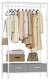 Songmics Kleiderständer offener Kleiderschrank, (Garderobenständer mit 2 Schubladen mit Kleiderstange), Garderobe mit Gitterablagen, freistehend, weiß