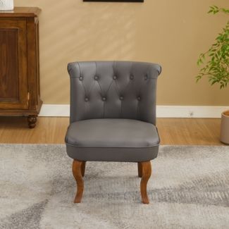 Echtleder Sessel, Loungesessel Wohnzimmer,Kautschukholz Massivholz, Einzelstuhl,Pull-Point Knöpfe, Esszimmerstuhl,bis 150 kg,Grau