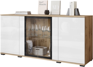 Kommode Clarkoy SB 154 4D (Farbe: Wotan / Weiß Hochglanz, mit weißer LED Beleuchtung)