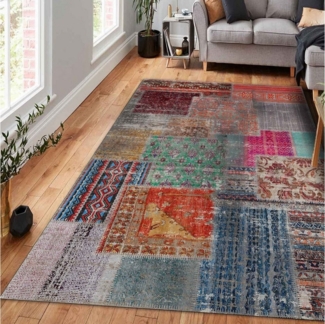 Bamyum Teppich Denise Teppich mit Chenille-Druck, Waschbarer, Antibakteriell Teppich, Einzelstück