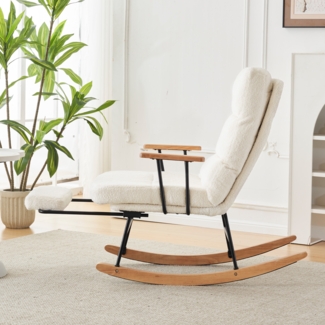 Schaukelsessel 100 cm hoch Weiß mit 51cm Sitzbreite, Schwerkraft-Liegefunktion, manuell herausziehbare Fußstütze, Teddy-Fleece Bezug