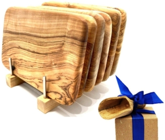 Olivenholz-erleben Frühstücksbrett Bretterständer inkl. 6 Frühstücksbretter Olivenholz 22 x 14 cm, Massivholz, (Set, 7-St, 1x Bretterhalter, 6 Frühstücksbretter, plus Überraschung), platzsparende Aufbewahrung für bis zu 6 Brettchen an einem Ort