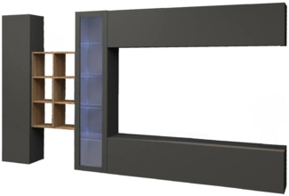 Dmora Ausgestattete Wand Alessano, 4-türiges TV-Ständer-Wohnzimmerset, Mehrzweck-Wohnzimmermöbel mit Vitrine und LED-Licht, 100 % Made in Italy, 280 x 30 x 180 cm, Anthrazit und Ahorn,