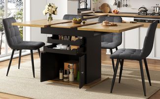 Esstisch 110-140 x 80 x 76 cm, ausziehbar, MDF Schwarz mit Metallllgriffen, integrierter Stauraum und Soft-Close,Schwarz und Natürlich