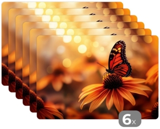 MuchoWow Platzset Schmetterling - Blumen - Orange, (6-St), Platzsets, Tischset, Abwaschbar, Tischsets, Platzdeckchen