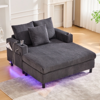 LVHOM Schlafsofa mit LED & USB, Cordstoff Palmensessel, Loungesofa mit Seitentaschen & Getränkehalter, 350kg Tragkraft, 128x85x142 cm, Dunkelgrau
