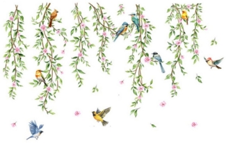 Kaket Wandtattoo Hängende Rebe Wandaufkleber Blätter Grün Pflanzen Vögel (2 St)