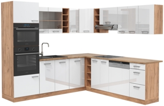 Eckküche R-Line Weiß Hochglanz/Goldkraft Eiche 247 x 60 cm , AP Eiche Vicco