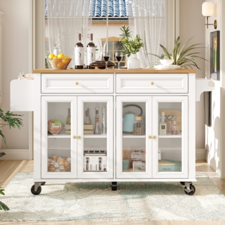 Kücheninsel mit Sicherheitsglastüren & 2-in-1 Mobilsystem, 140x44,5x90 cm