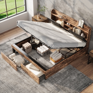 Metallbett, Hydraulikbett, Jugendbetten, Doppelbett, mit Stauraum-Kopfteil und Metall Lattenrost, Ohne Matratze, Für Erwachsene, Kinder, Jugendliche, Holzfarbe+Schwarz, 140 x 200 cm