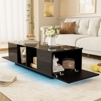 PXloue Couchtisch Ablagetisch LED Beistelltisch Breite 120/104 cm (Hochglänzender quadratischer, 120x50x38.5 cm), Mit Glasplatte und 16-farbigen variablen LED-Leuchten
