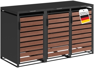 STEELSØN 'Kestra' Mülltonnenbox für 3 Tonnen je 240 Liter, graphitschwarz mit Nußbaum-Holzoptik, Mülltonnenverkleidung aus Stahl, wetterfest, 116x80x203 cm