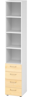 bümö smart Schubladenschrank, Büroschrank in Weiß/Ahorn mit 4 Schüben & 4 Regalfächern - Bürocontainer aus Holz, Container mit Metallgriffen & Soft-Stop Schubladen, 964S4-W-3-BS