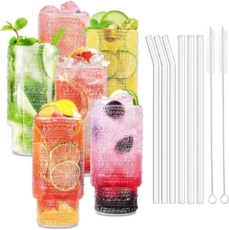 Cocktail Gläser 6er Set Longdrinkgläser Gerippte Glasbecher Strohhalmen 6pcs