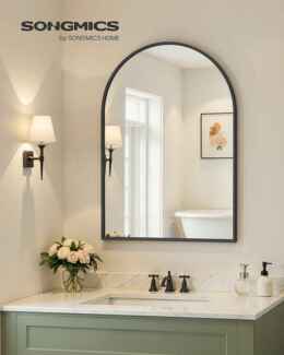SONGMICS Spiegel für Bad, Wandspiegel, gewölbter Spiegel, Aluminiumrahmen, 91x61 cm, mit Sicherheitsfolie, einfache Montage, für Wohn-, Schlaf- und Badezimmer, tintenschwarz