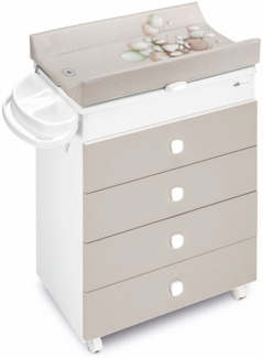 Baby Mehrzweck-Wickelkommode Asia | für 0-12 Monate | Weiß Braun | inklusive Badewanne und Wickelunterlage