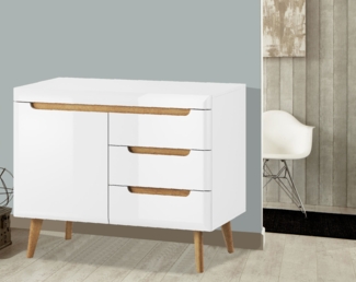 Kommode "Nordi" Sideboard Wohnzimmer 107cm weiß hochglanz Riviera Eiche MDF grifflos