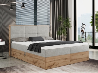 Boxspringbett mit Kopfteil und Topper, Polsterbett - ALBERO 2 - 200 x 200 cm - Hellgrau Stoff - H3