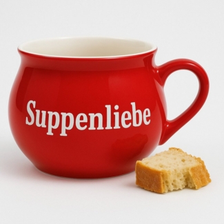 BURI Suppentassen 4er-Set aus Keramik | Bunte Henkel-Schüsseln mit Sprüchen | 400 ml | Spülmaschinenfest & mikrowellengeeignet | Mediterraner Stil