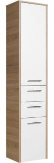 Saphir Hochschrank Quickset 382 Badschrank 40 cm breit, 2 Türen, 2 Schubladen Badezimmer-Hochschrank, Weiß Hochglanz, Griffe in Chrom glänzend