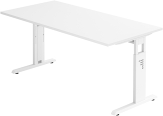 bümö höhenverstellbarer Schreibtisch O-Serie 160x80 cm in weiß, Gestell in weiß - PC Tisch für's Büro manuell höhenverstellbar, Computertisch verstellbar, OS-16-W-W