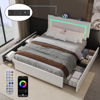 oyajia Polsterbett LED Doppelbett 140x200 cm mit 4 Schubkästen und Kopfteil, Ladefunktion (LED-Polsterbett mit USB, PU-Leder Material Polsterbett mit Metall Bettgestell, Stauraumbett), Modernes Jugendbett, Leises Design Bett, 4 Ausziehbare Schubladen