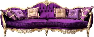 Casa Padrino Luxus Barock Sofa Lila / Gold - Prunkvolles Wohnzimmer Sofa mit edlem Satinstoff - Barock Möbel - Luxus Wohnzimmer Möbel im Barockstil - Barock Einrichtung - Edel & Prunkvoll