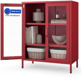 Vitrinenschrank Wohnzimmer klein EKER - 3 Ebenen, Metall | Glasvitrine Bücherschrank Büroschrank Aktenschrank mit Glasfenster Metallschrank, 101,5x80x40cm Rot