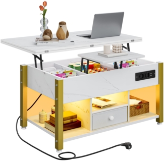 YITAHOME Couchtisch mit Höhenverstellbarer, 4-in-1-Multifunktions-Couchtisch mit Stauraum und LED Beleuchtung, Couchtisch lässt Sich in einen Esstisch für das Wohnzimmer umwandeln, Weißer Marmor