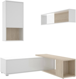 Dmora Fortuna-Wandsystem, modulares Eck-Wohnzimmerset, Wohnzimmermöbel mit mehreren Positionen, 230 x 41 x 180 cm, Glänzendes Weiß und Eiche
