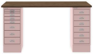 MultiDesk, 1 MultiDrawer mit 6 Schüben, 1 MultiDrawer mit 8 Schüben, Dekor Nussbaum, Farbe Pastellpink, Maße: H 740 x B 1400 x T 600 mm