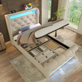 i@home Polsterbett mit Stauraum, LED & USB, Matratzenoption, Grau/Beige (Wahlweise mit Matratze), 90/140/160cm, viel Stauraum, modernes Design