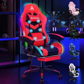 Gaming Stuhl 8-Punkt Massage 12 Farben RGB LED Bürostuhl Fußstützen Rot
