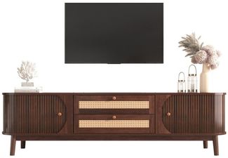 KLAM HOME Lowboard TV-Schrank Mit Natürlichem Rattan Design Und Massivholz (Landhausstil TV Schrank Mit Türen Und Schubladen), 170cm TV Möbel In Holzoptik Für 50-59 Zoll Fernseher