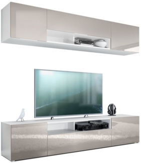 Vladon Wohnwand Mogan, Weiß matt/Sandgrau Hochglanz - Moderne Anbauwand bestehend aus 2 TV-Boards (181 x 147 x 35 cm)