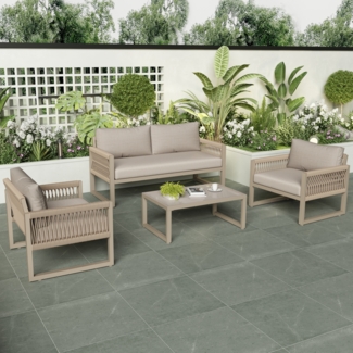 Merax Garten-Lounge-Set mit verzinktem Eisenrahmen, Gartenmöbel-Set aus Seil, khakifarbenem Seil mit Sitzkissen, verstellbaren Füßen, 4er-Set