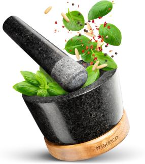 madeco Mörser mit Stößel Granit auf Holzsockel Eiche Ø 14,5 cm - Perfekt geeignet für Gewürze, Kräuter & Nüsse - Steinmörser Set - Design Granit Mörser & Stößel groß