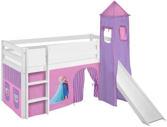 Lilokids 'Jelle' Spielbett 90x190 cm, Eiskönigin Lila, Kiefer massiv, mit Turm, Rutsche und Vorhang