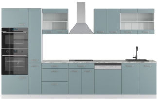 Vicco Küchenzeile R-Line, Blau-Grau/Weiß, 350 cm mit Hochschrank, AP Marmor
