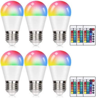ZMH 6er-Pack E27 RGB-LED-Lampen, Warmweiß, dimmbar, Edison, bunt, 3000 K, mit Fernbedienung, Farbwechsel, 4 W, LED, 16 Farben