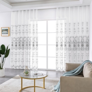 Qelus Gardine 2er Set Bestickt Sheer Voile Vorhänge mit ösen Wohnzimmer Modern, Blumen Durchsichtig Gardinen