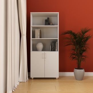 Furni24 Aktenschrank mit Zylinderschloss–Oben offen, 3 verstellbare Regalfächer, unten 2 verstellbare Regalfächer mit Doppeltür und Ganzmetallscharniere, abschließbarer Holzschrank-Grau, 190 x 80 x 40 cm…