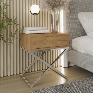 AX LIVING Nachttisch modern Aleio X 45 cm, Eiche Wotan, Chromgestell