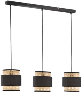 Pendelleuchte TAPE 3 flammig aus Rattan Lampenschirmen mit Stoff, Länge 74cm