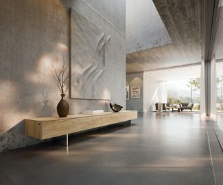 Lowboard Cuor 250 cm Keramik Laminam® Sabbia Eichefarbig 1 Klappe 1 Schubfach Fuß Schwebeoptik Edelstahl